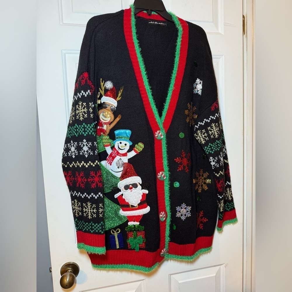 Christmas Cardigan XL Sweater Sequins Beads Colorful Candy Cane Buttons Holiday